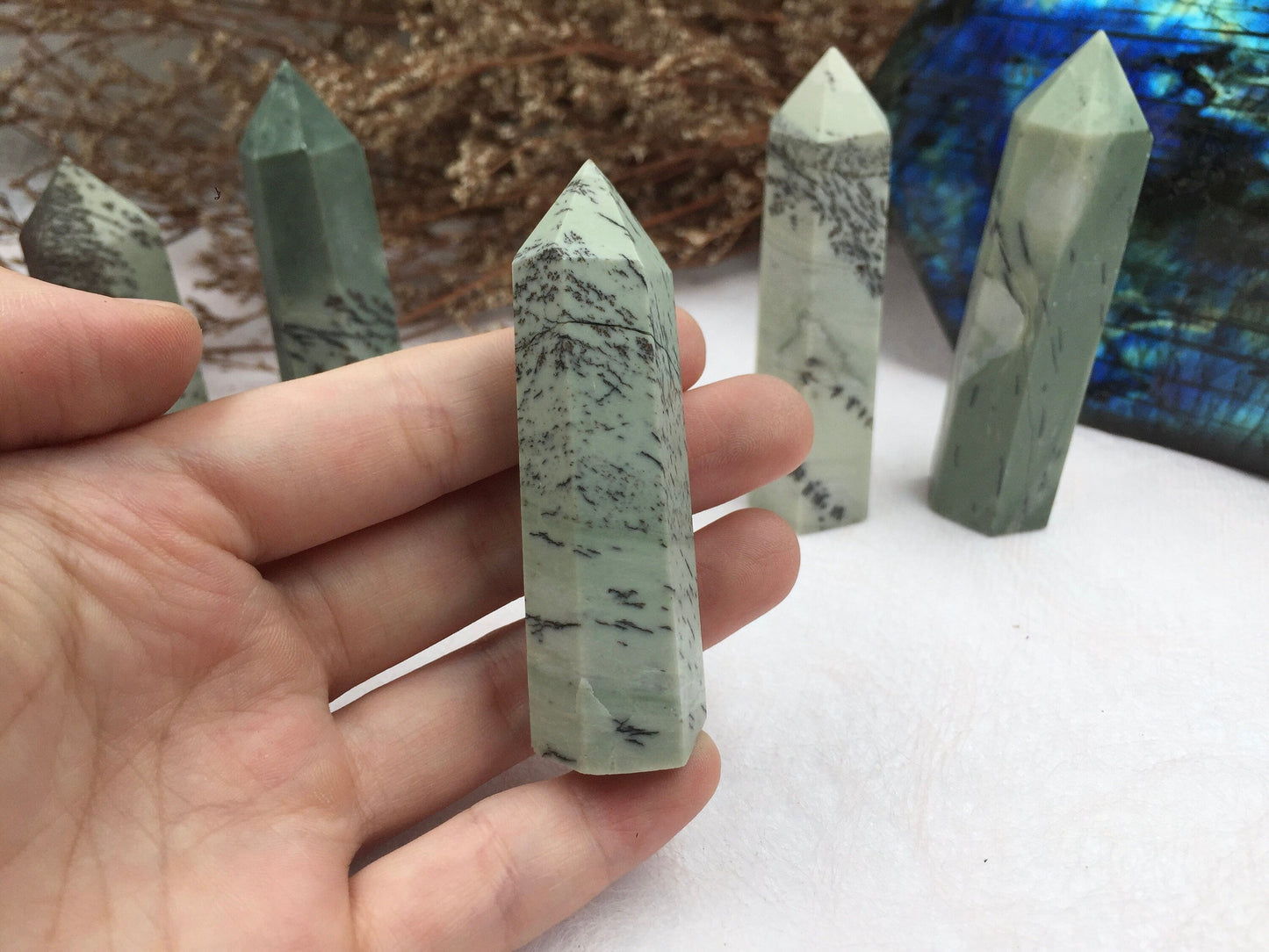 Dendritic Jade Tower,Dendritic Jade Point,Crystal Tower/Wand,Healing Crystal,Reiki Chakra Stone,Home Decor,For Gift