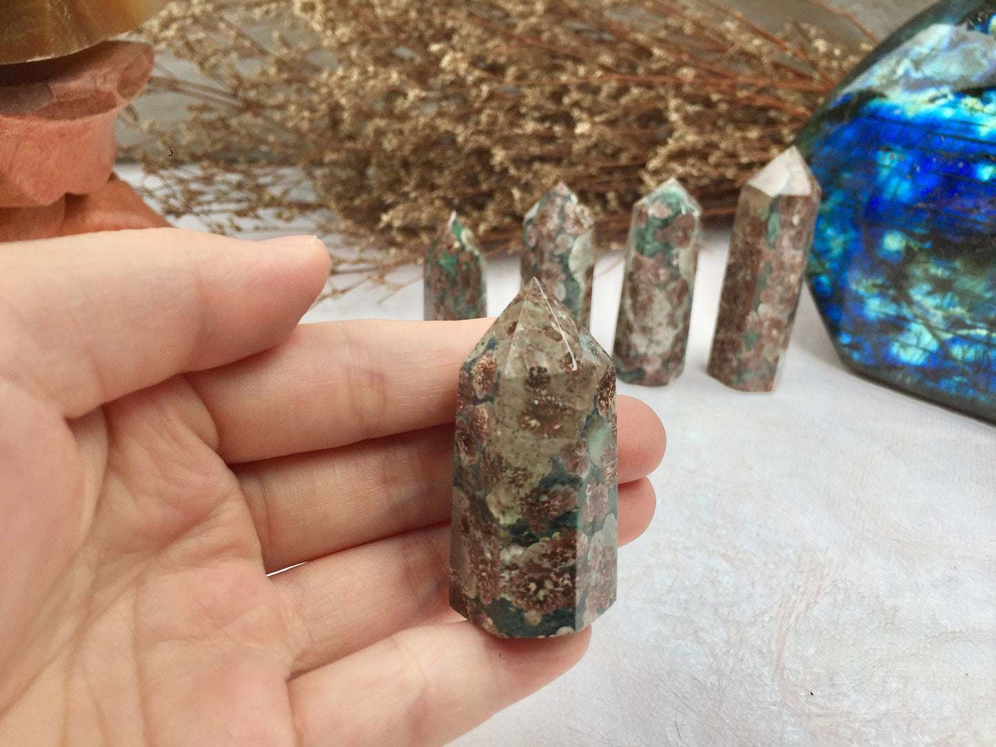 Green Flower Agate Tower,Green Flower Agate Point,Crystal Tower/Wand,Healing Crystal,Reiki Chakra Stone,Home Decor,For Gift