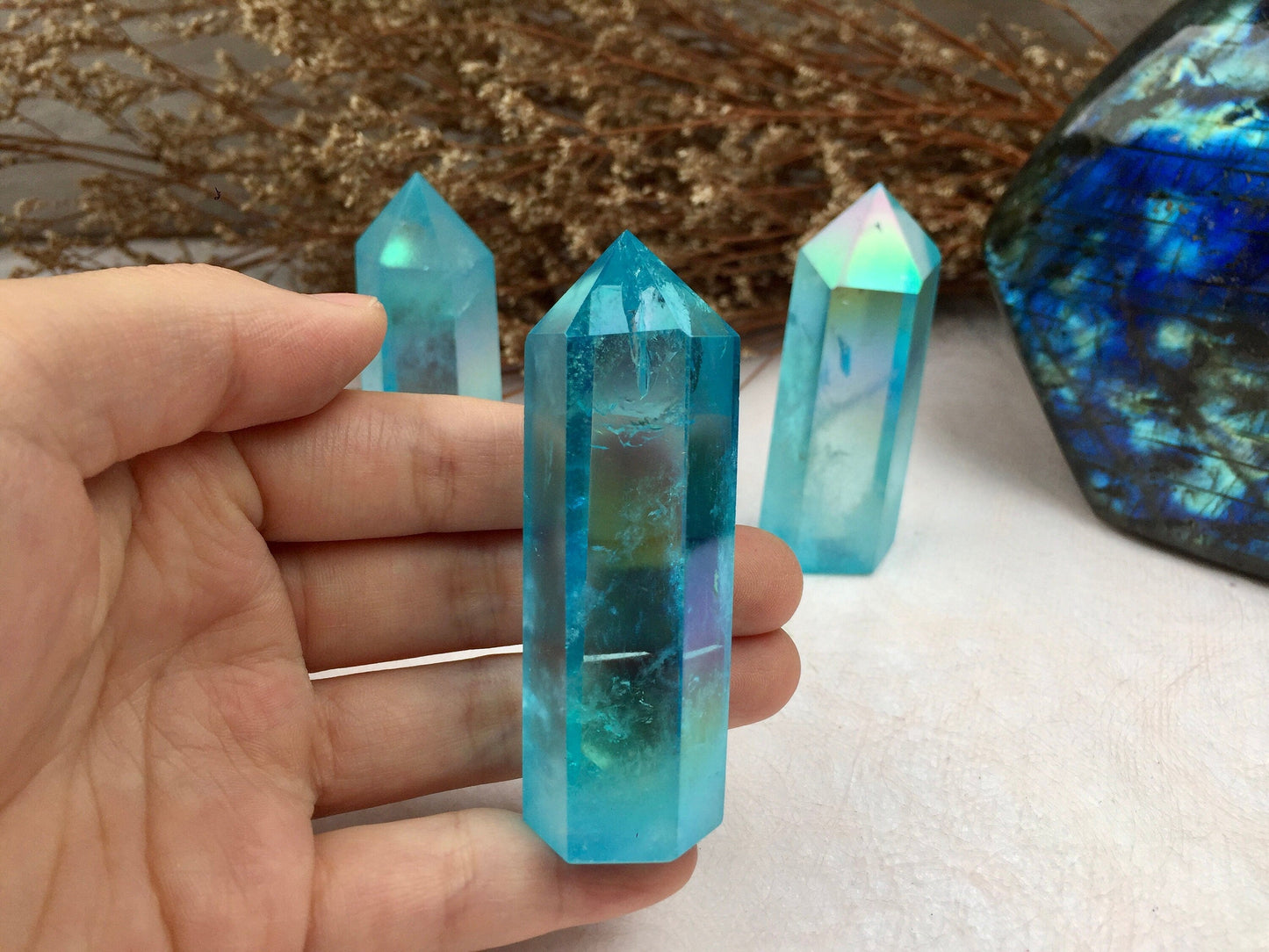 Blue Aura Crystal Quartz Tower Points New Home Party Wedding Gifts for Self and Friends