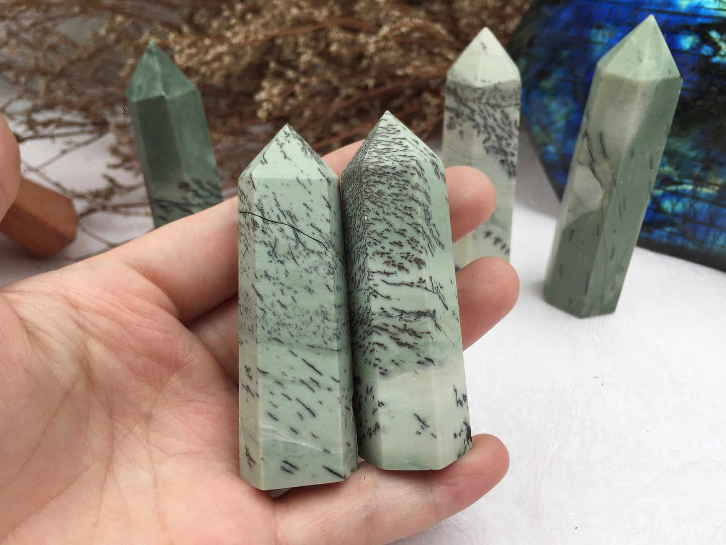Dendritic Jade Tower,Dendritic Jade Point,Crystal Tower/Wand,Healing Crystal,Reiki Chakra Stone,Home Decor,For Gift