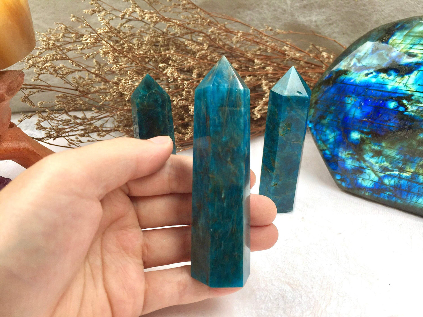 Natural Raw Blue Apatite Crystal Tower - Polished Healing and Energy Tower for Reiki