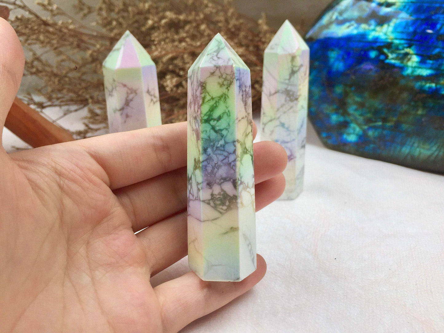 Aura Howlite Tower Aura-Infused Crystal Crystal Meditation Tool Aura-Enhanced Howlite Obelisk