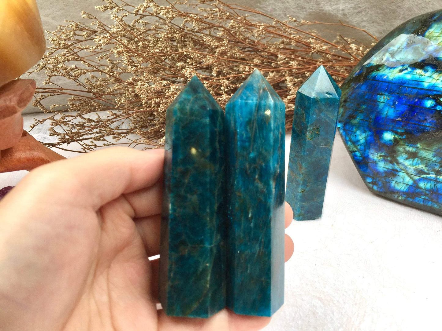 Natural Raw Blue Apatite Crystal Tower - Polished Healing and Energy Tower for Reiki