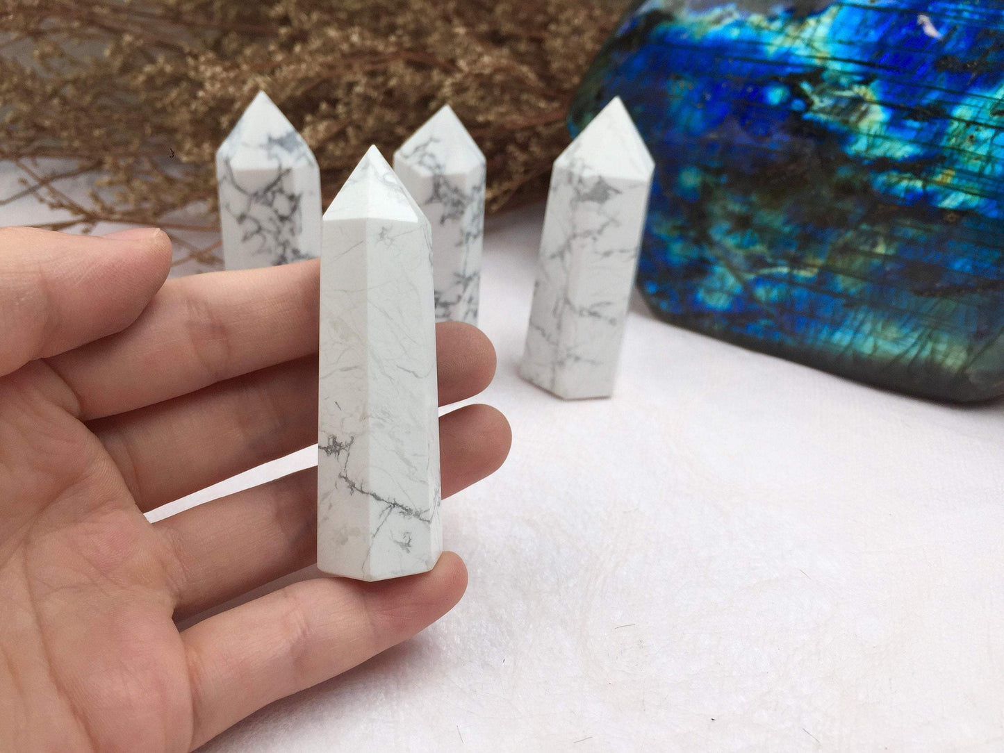 Howlite Tower，Howlite Point，Crystal Tower/Wand，Healing Crystal，Reiki Chakra Stone，Home Decor，For Gift