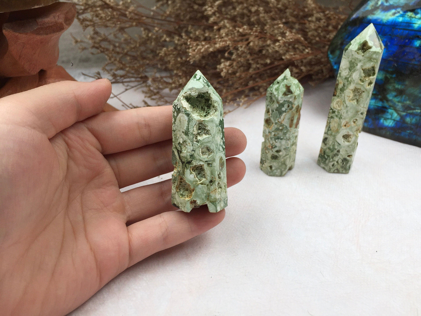 Rainforest Tower,Rainforest Point，Crystal Tower/Wand，Healing Crystal，Reiki Chakra Stone，Home Decor，For Gift