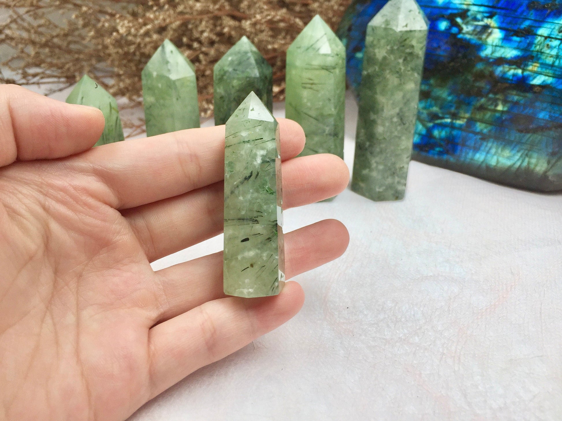 Prehnite Tower，Prehnite Point，Crystal Tower/Wand，Healing Crystal，Reiki Chakra Stone，Home Decor，For Gift